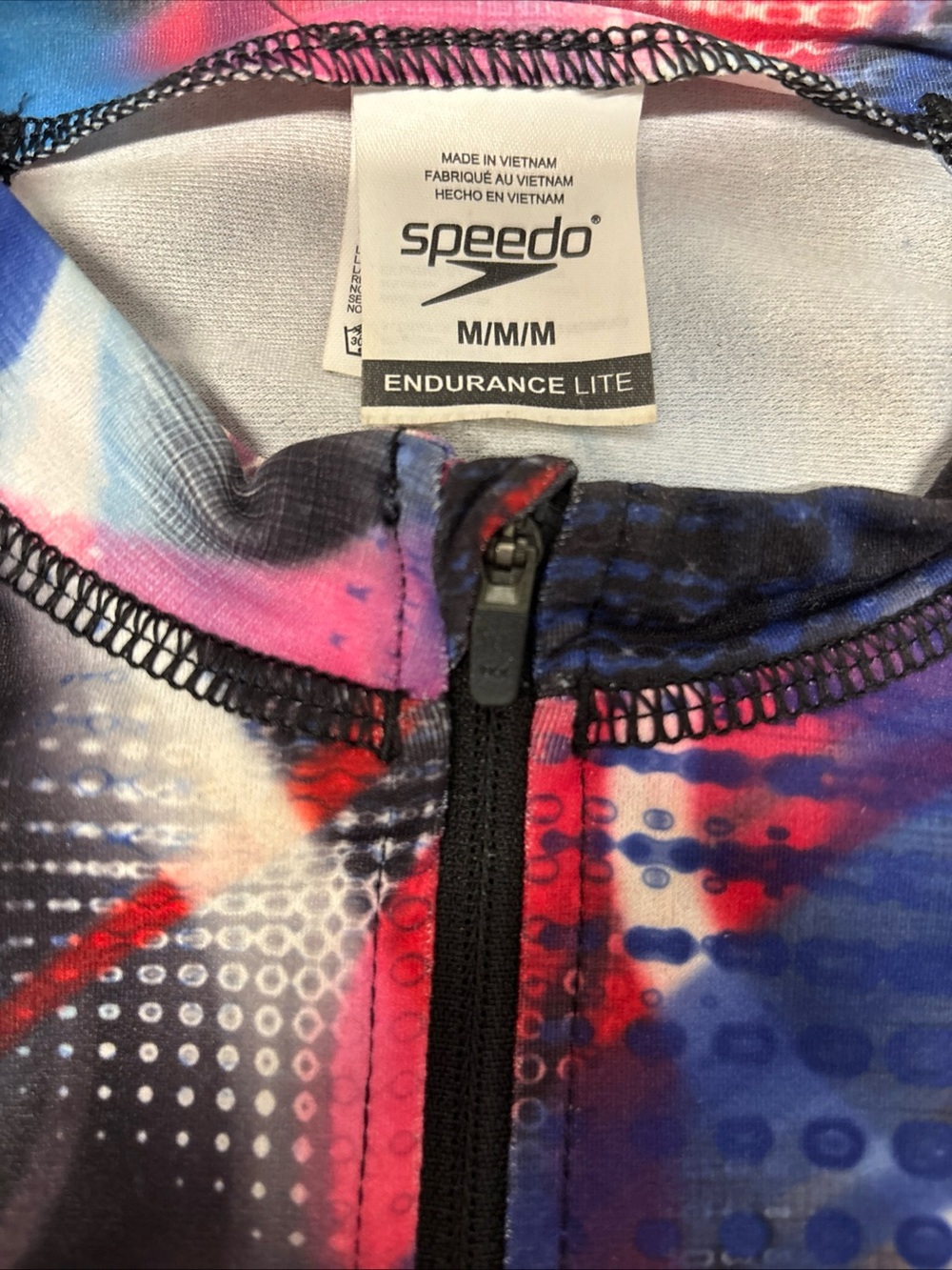 Speedo Women’s Multicolor Zip-Front Swim Top with Blue, Pink & Red Accents